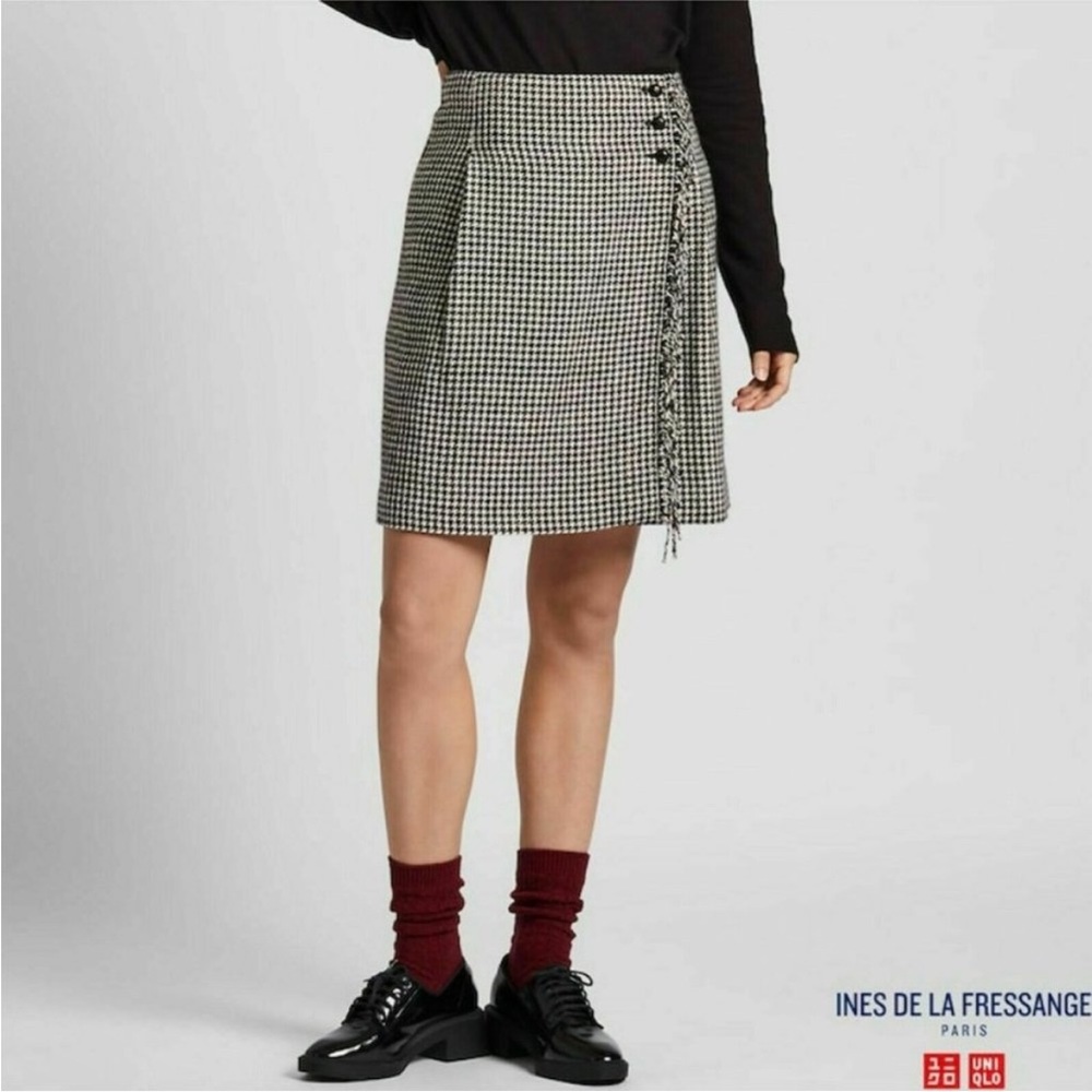 Uniqlo Ines De La Fressange houndstooth fringe skirt US 2
